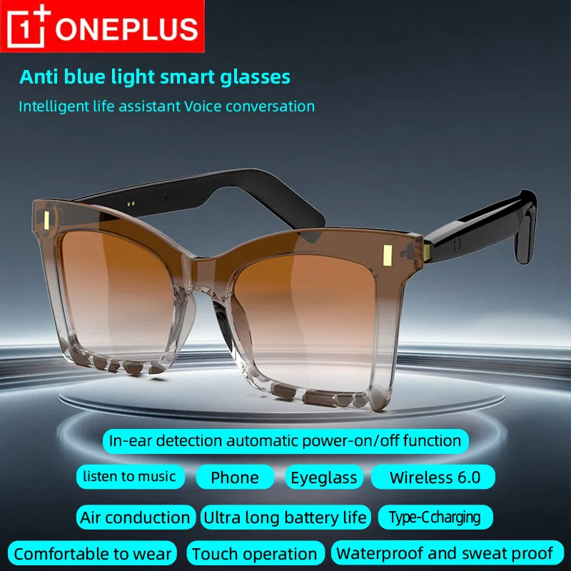 Фото Умные очки OnePlus AI с технологией воздушной проводимости, защитой от УФ-излучения UV400 и синего света, сенсорным управлением, спортивные Bluetooth-очки для велоспорта, звонков и прослушивания музыки №1