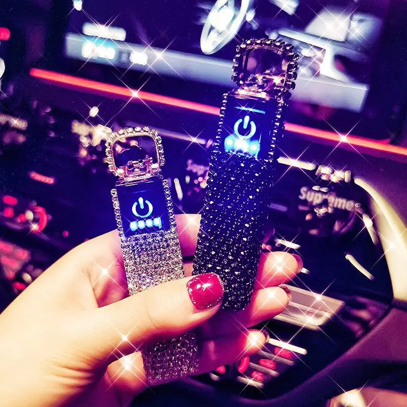 

Gorgeous Diamond Ladies USB Lighter With LED Power Display Electronic Lighters Unusual Portable Smoking Accessories Women Gift