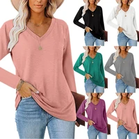 spring and autumn fashion womens v neck loose long sleeved t shirt womens solid color bottoming shirt top lady