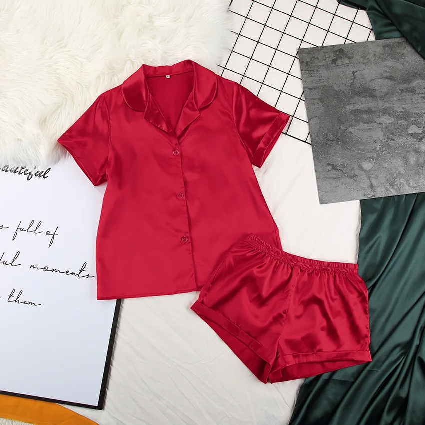 2pcs/Set Women Stain Pajamas Silk-like Glossy Sleepwear Short Sleeve & Shorts Multiple Color Options Nightwear Female Loungewear