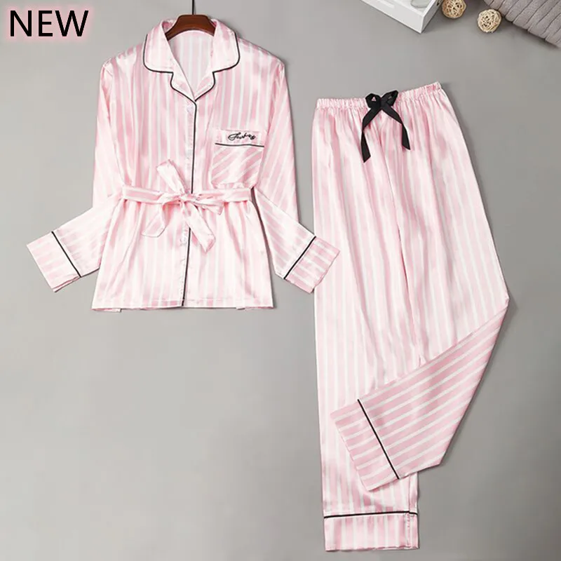 

Striped Pajamas Set Sexy Sleepwear Women Pink Full Sleeve Pyjama Women's Rayon Polyester Fashion Autumn Home Clothes Set