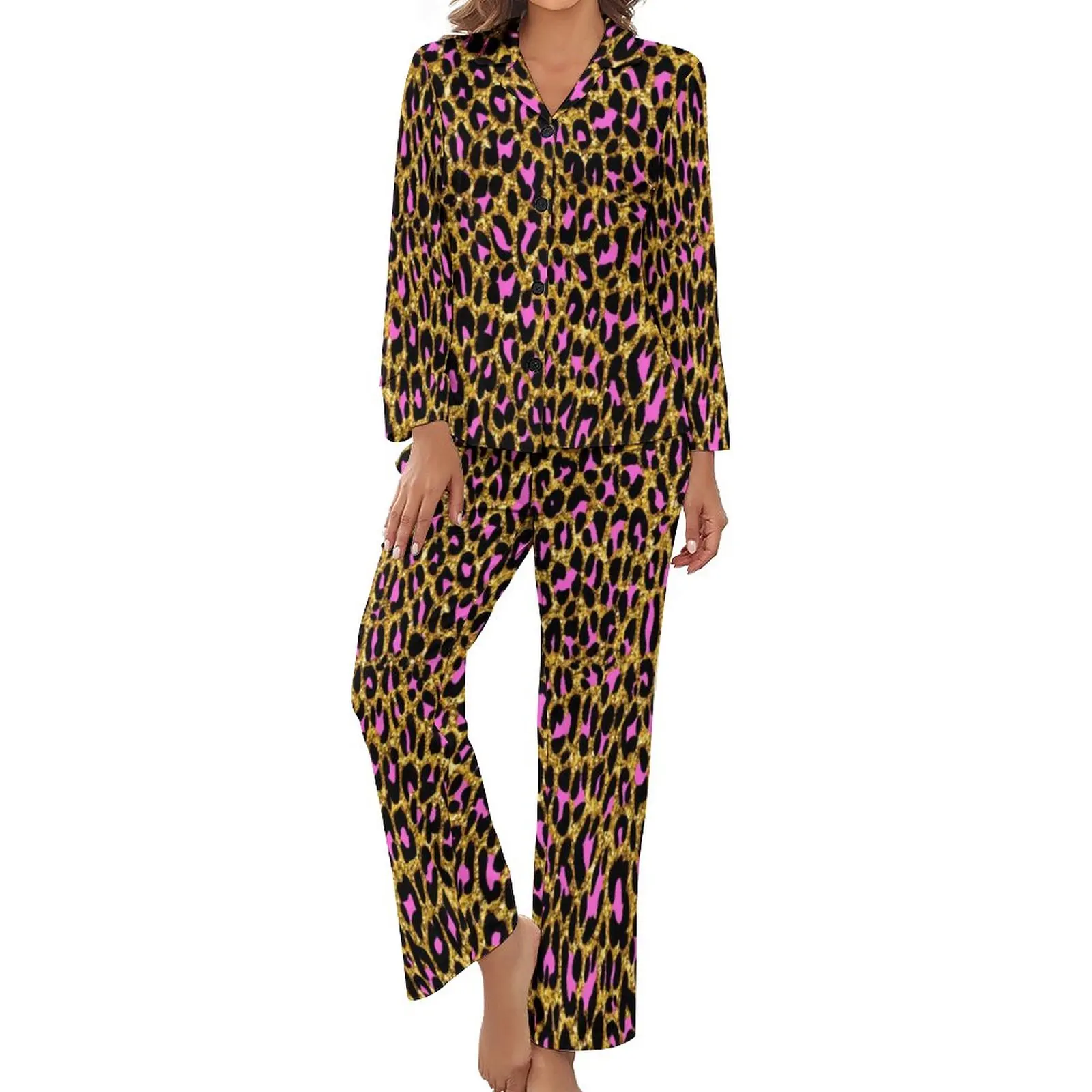 

Gold Metallic Pajamas Women Girly Pink Leopard Print Retro Home Suit Spring Long Sleeve 2 Piece Bedroom V Neck Pajama Sets