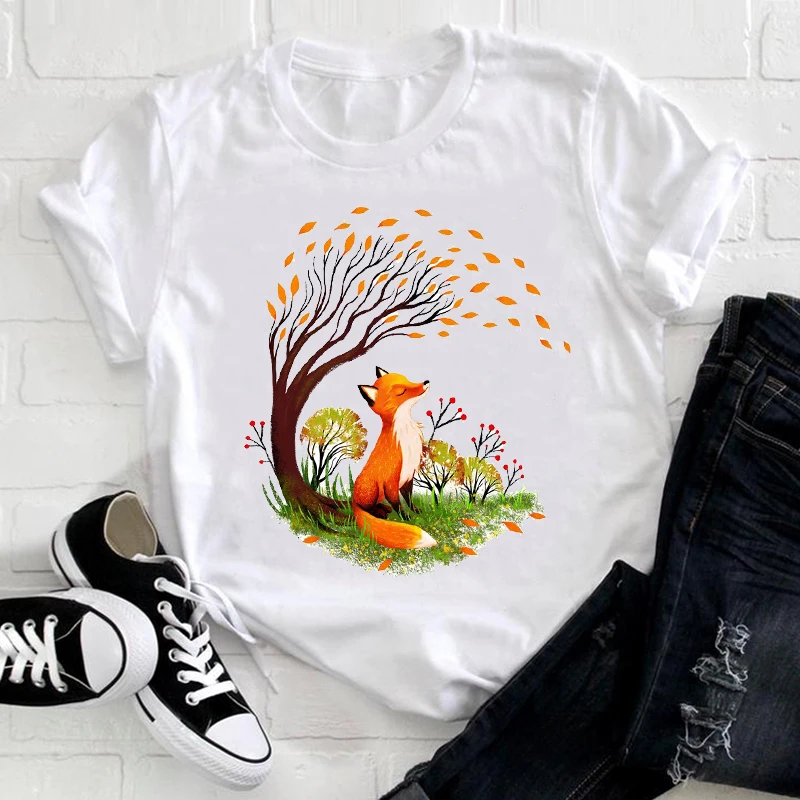 

Women Short Sleeve for Lady Korean Style Fox Funny Trend Animal Pretty Ladies Graphic Print Tee Top Tshirt Nice T-shirt
