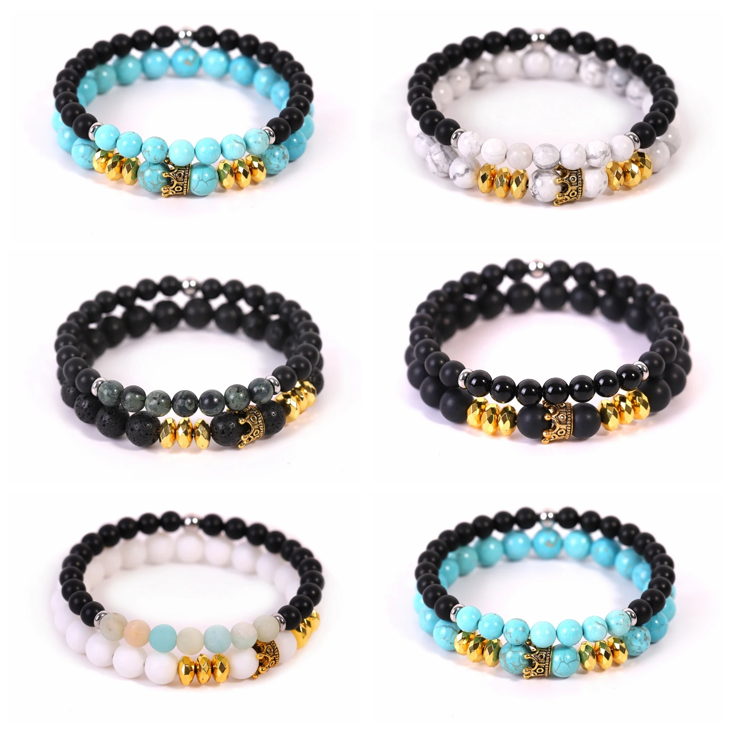 Натуральный драгоценный камень Парные браслеты дружбы энергетический Балансирующий Йога Золотая Корона браслет для женщин эластичная нить бисер ювелирные изделия