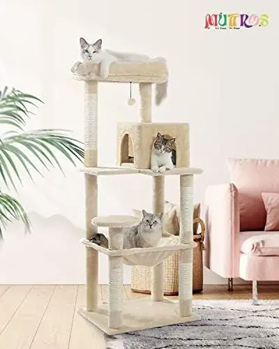 

Tree for Large Cats Adult with Metal Plush Big Hammock, 56.3" Cat Tower for Large Cats with 2 Door Condo House, 6-Tier Cat S