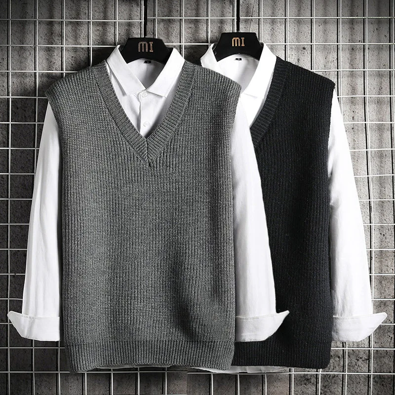 Sweater Vest Men Business Casual Spring Autumn Winter Loose Sleeveless Underwaist Knit Tank Top Waistcoat Grey Black Soft Cozy