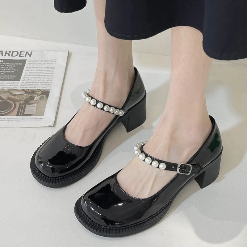 

Rimocy Pearl Ankle Buckle Strap Pumps Women Black Patent Leather Thick Heel Mary Janes Shoes Woman Round Toe Lolita Shoes Female