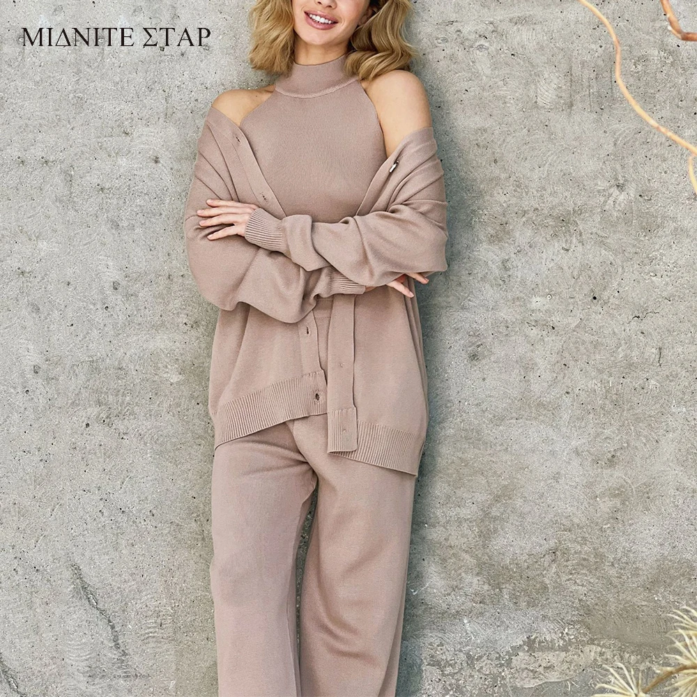 

MIDNITE STAR Casual Knitting Three Piece Set Woman Solid Color Sweater Set Autumn Winter Pullover Fitting Sweater Pants Set