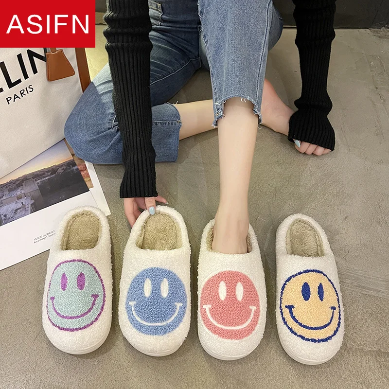 Женские меховые тапочки ASIFN Smiley Симпатичные мюли для пола с большой улыбкой