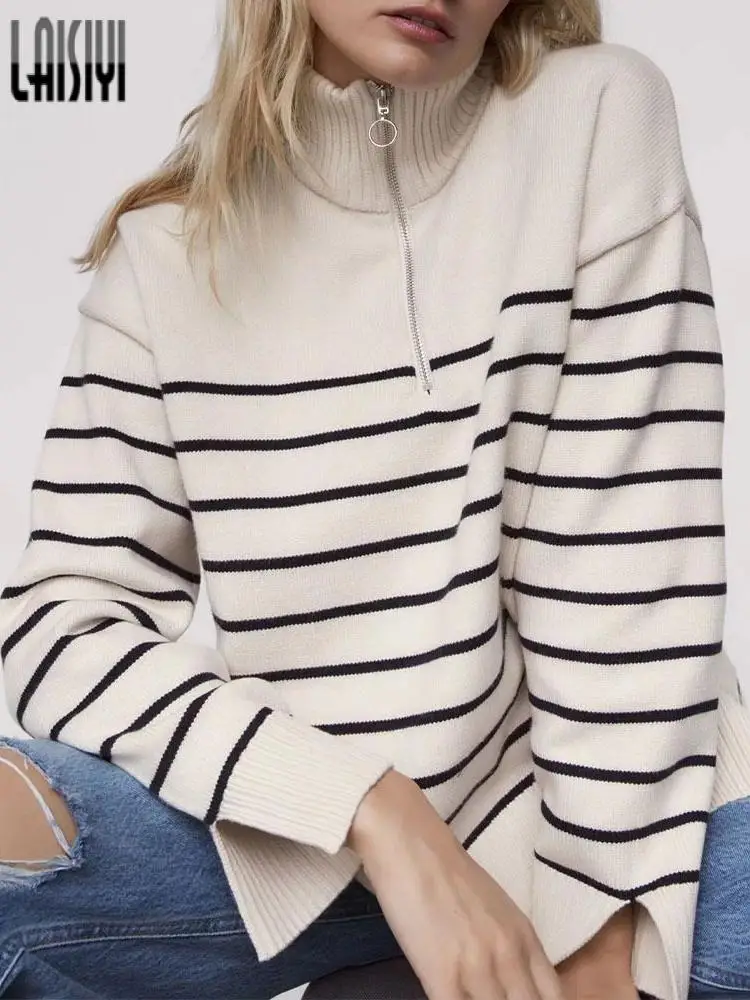 

LAISIYI Women Sweater Winter Korean Fashion Stripe Loose Zipper Sweaters Vintage Long Sleeve Asymmetry Fall Female Pullover Tops