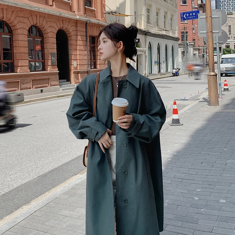 Серо-зеленая длинная блестящая Осенняя новая однобортная Повседневная