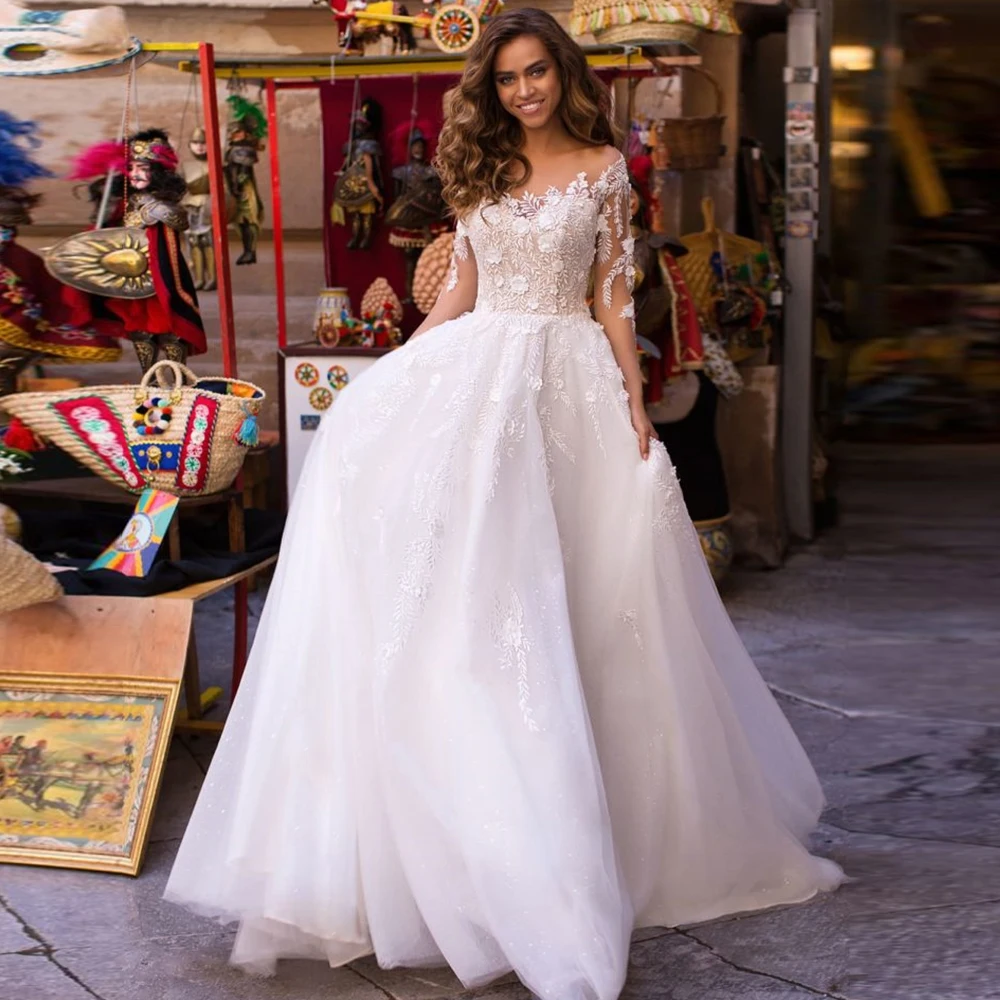 

Sweetheart Tulle Wedding Dresses for Women Off-The-Shoulder A-Line Floor -Length Full Sleeve Button Back Vestido De Noiva 2023