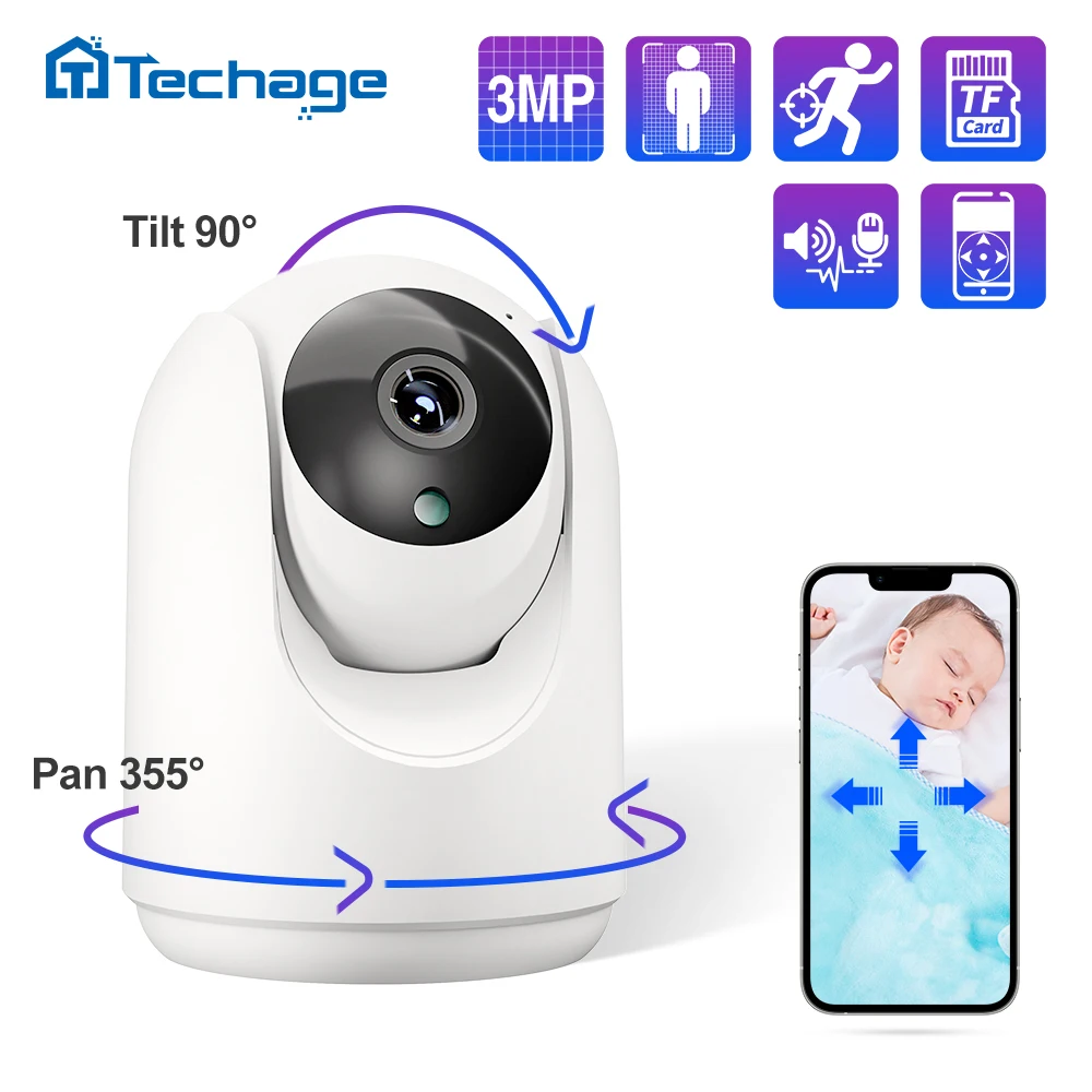 

камера видеонаблюдения Techage, 1080P, 3 Мп, PTZ мини камера вай фай фотоаппарат, Автоматическое отслеживание, Обнаружение человека, Двусторонняя ау...