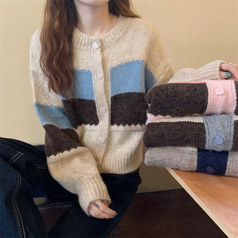 

Color Stitching Knitted Cardigan Women's 2021 Autumn New Retro Idle Style Loose Outer Wear Cropped Sweater Coat