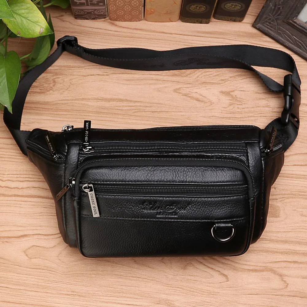 Male Fanny Pack Mens Shoulder Cross Body  Genuine Leather Waist Bag Outdoor Sport Travel Hiking Cowhide Sling Chest Bags