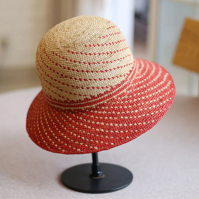 

202306-2506654 dropshipping summer can fold into bag fine raffia grass geometric lines leisure bucket cap women fishermen hat