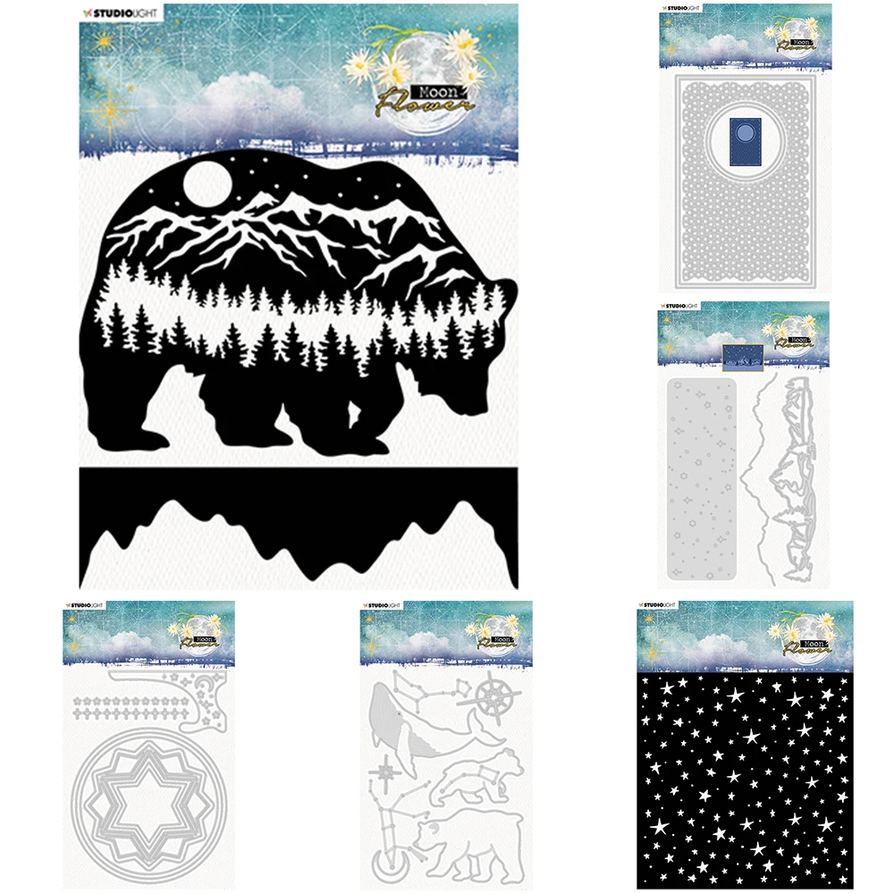 

Polar Bear Stars Background Layered Stencils Rectangle Round North Pole Scenery Moon Flower Collection Metal Cut Dies Decor Mold