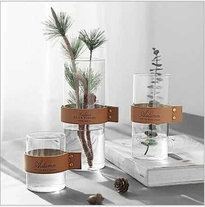

Nordic simple leather strap hydroponic flower device real flower arrangement ornament modern simple straight tube glass vase