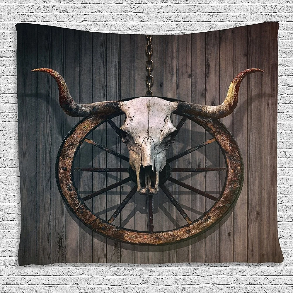 

Longhorn Skull Tapestry Wall Hanging Bedroom Room Decor Hippie Old West Wagon Wheel Antique Wall Tapestry