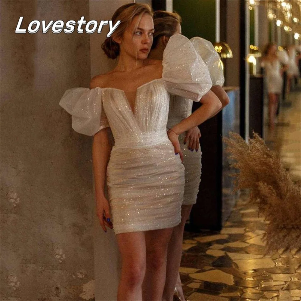 

Sheath Sexy Short Wedding Dresses Above Knee Bridal Gonws Short Puff Sleeves Bride Robes Curto Belt Strapless Vestidos de Noiva