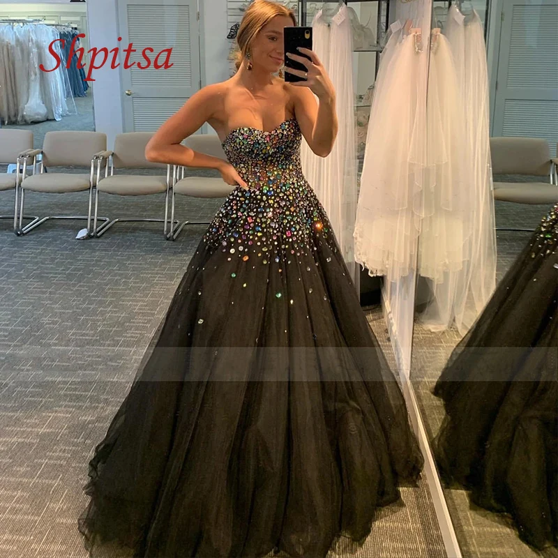 

Сексуальные роскошные черные длинные вечерние платья, женское официальное вечернее платье для выпускного вечера с искусственными кристаллами