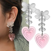 pink heart bow crystal long earrings for women girlkorean fashion jewelry dangle earrings fringe layered chain metal earrings
