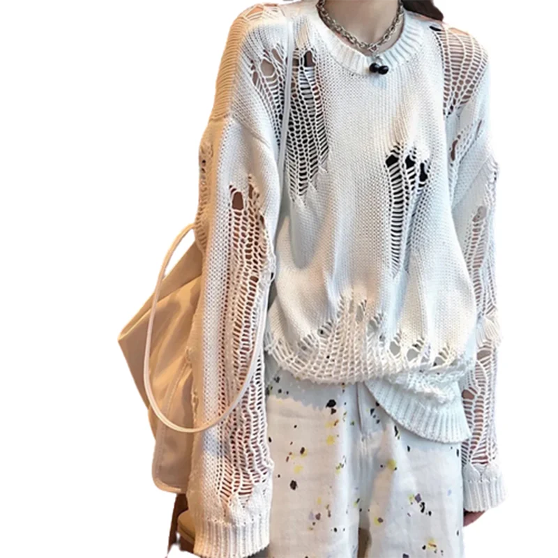 

Ladies Sexy Sweater Gothic Punk Hole Sweater Streetwear Harajuku Sweater Cutout Ripped Knit Pullover Women's Sweater Y2k Clothes