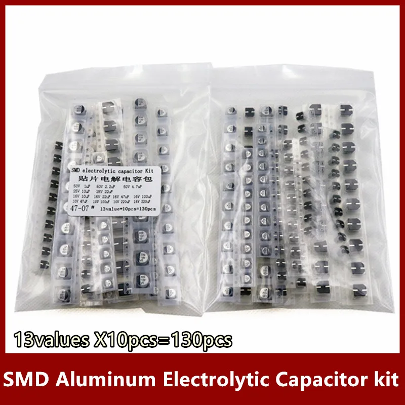 

13 values X10pcs=130pcs 1uF-220uF SMD Aluminum Electrolytic Capacitor Assorted Kit Set 10V 25V 50V 4*5 4X5 6X5 Samples Kit