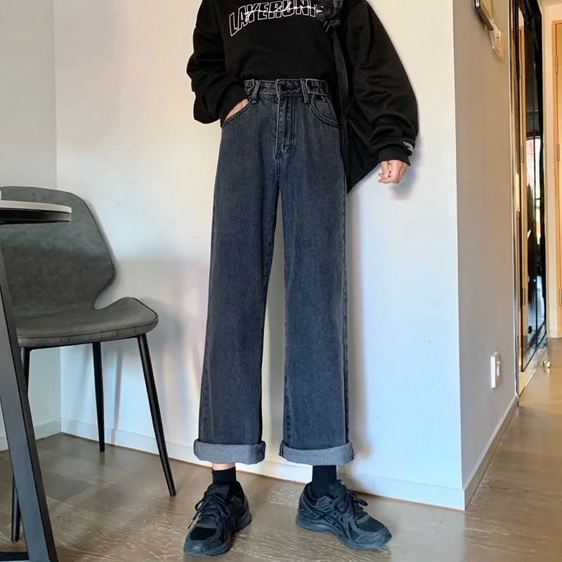 

Spring and autumn loose high-waisted jeans women show thin straight broad-legged pants black hundred pairs of student long pants