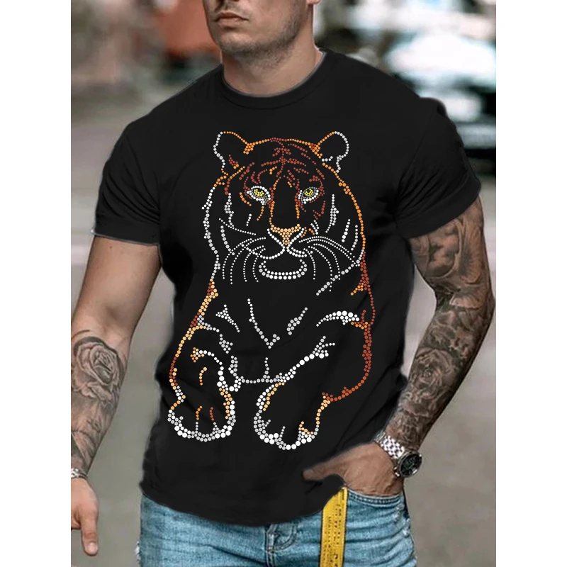 

New Mens Fashion Diamonds T-Shirts Tiger Hot Drill Tee Tops Short Sleeve O-Neck Rhinestone streetwear Men Clothes Tshirt Quality