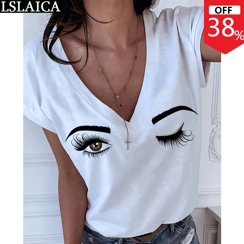 

Женская трикотажная футболка, с коротким рукавом и глубоким V-образным вырезом