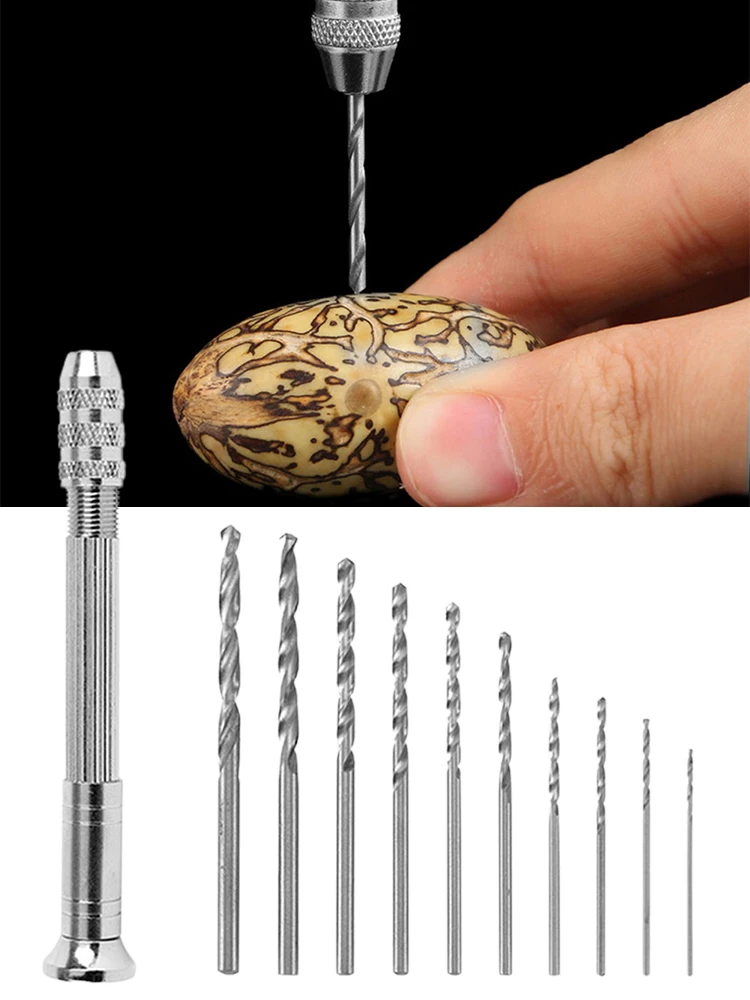 

0.3-3.2mm Mini Micro Aluminum Hand Drill With Keyless Chuck 11Pcs Twist Drill Bit Woodworking Drilling Rotary Tools