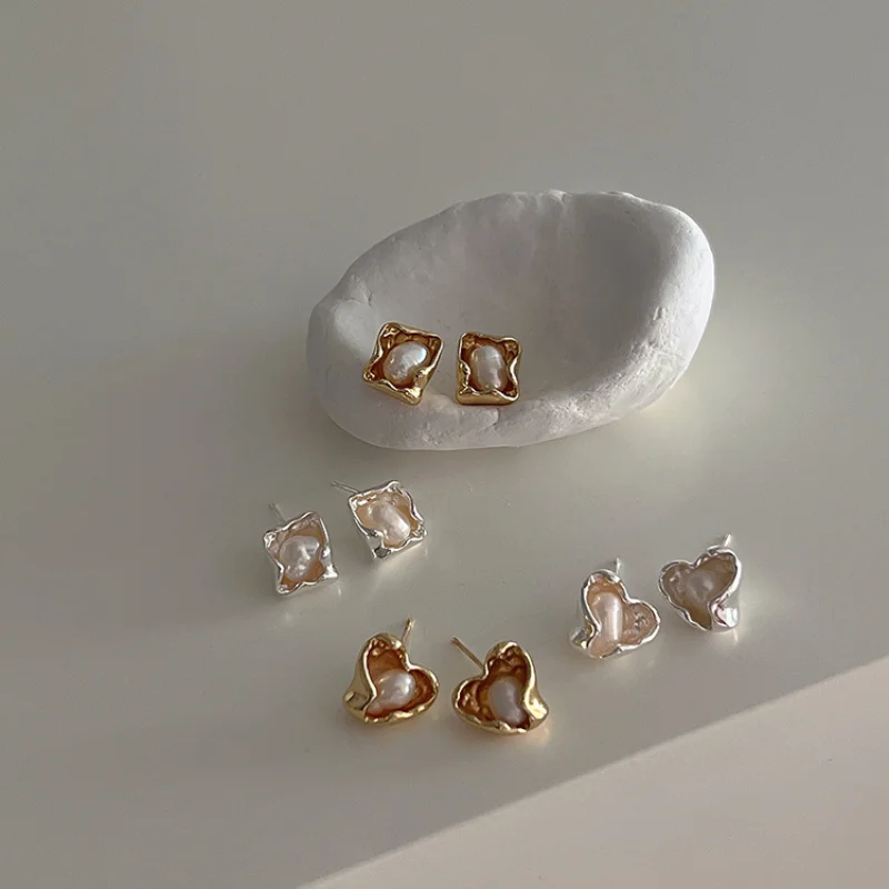 

Minar 2022 Trendy Imitation Pearl Earring for Women Gold Silver Color Irregular Love Heart Square Stud Earrings Korean Jewelry
