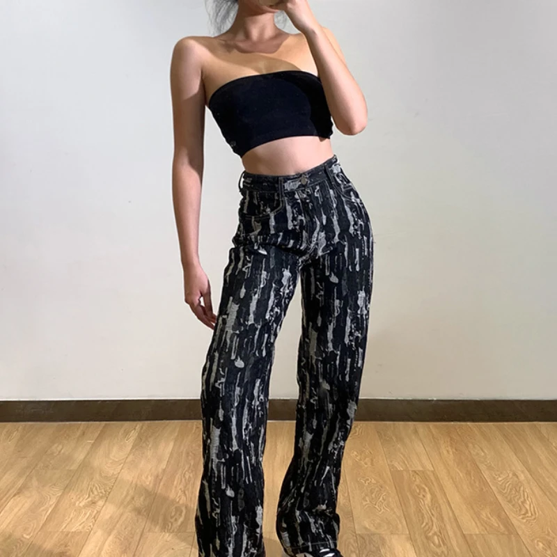 

2022 New Fashion Casual High Waist Slim Fit Washed Ripped Texture Jeans Women Jeans Y2k Panelled Tie Dye Jeans Woman
