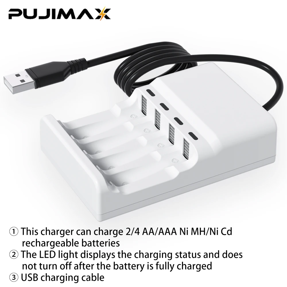 Фото Быстрое зарядное устройство PUJIMAX для аккумуляторов AA/AAA с USB-кабелем, 4 слота, LED-дисплей, умное зарядное устройство для перезаряжаемых аккумуляторов Ni-HM/Ni-Cd 1.2V №1