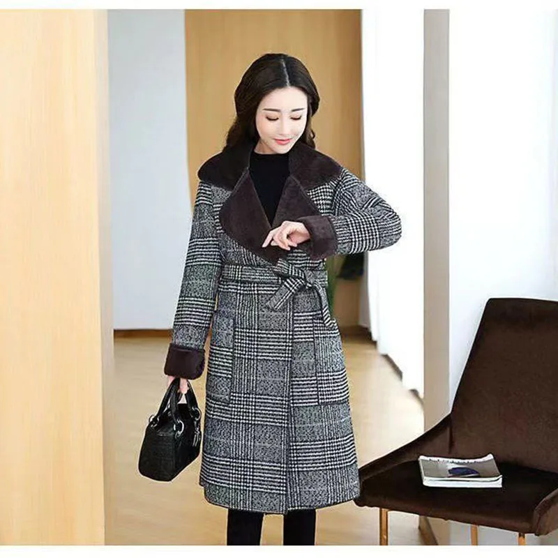 

Новинка Осень-зима 2022 Европейская мода облегающее клетчатое утепленное шерстяное пальто средней и длинной длины с воротником