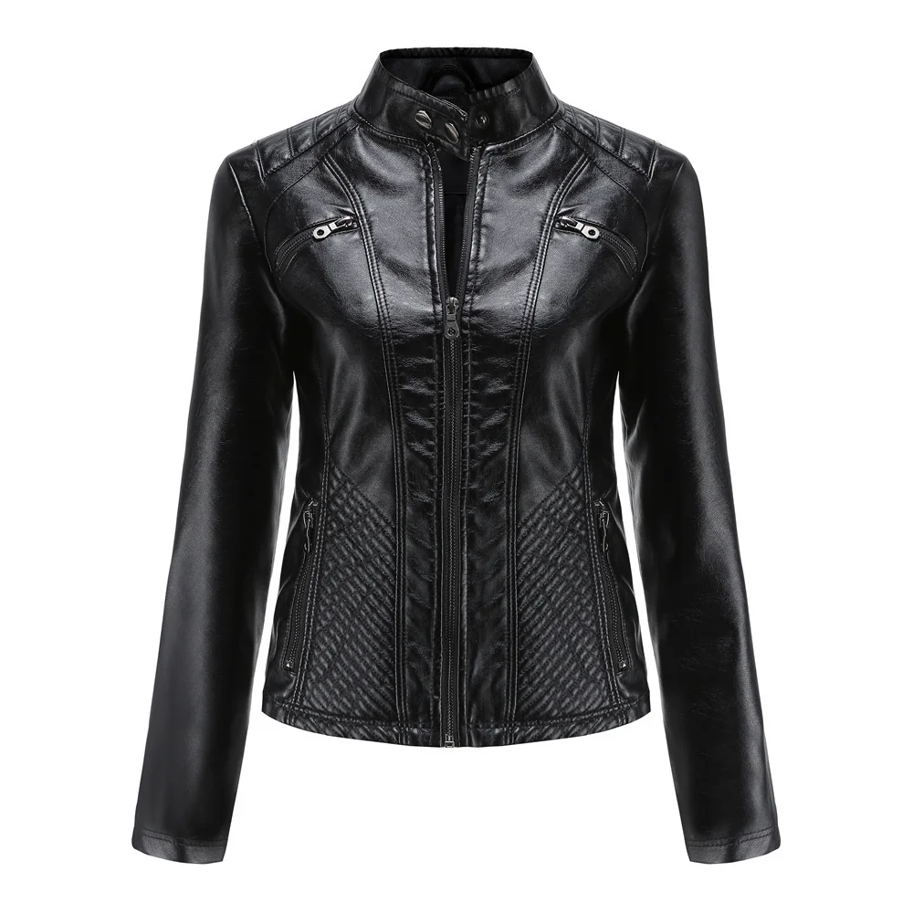2021 new women's casual leather jacket with vertical collar, slim fit coat, women's spring and autumn pure leather jacket