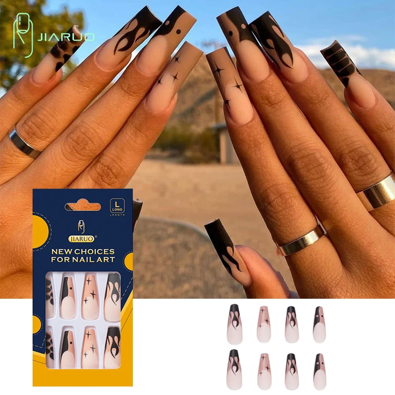 

JIARUO 24PCS/BOX Long Coffin Press on Fake Nail Art Y2k Scrub Black Flame Stack Color Firm and Durable Detachable Starlight Nail