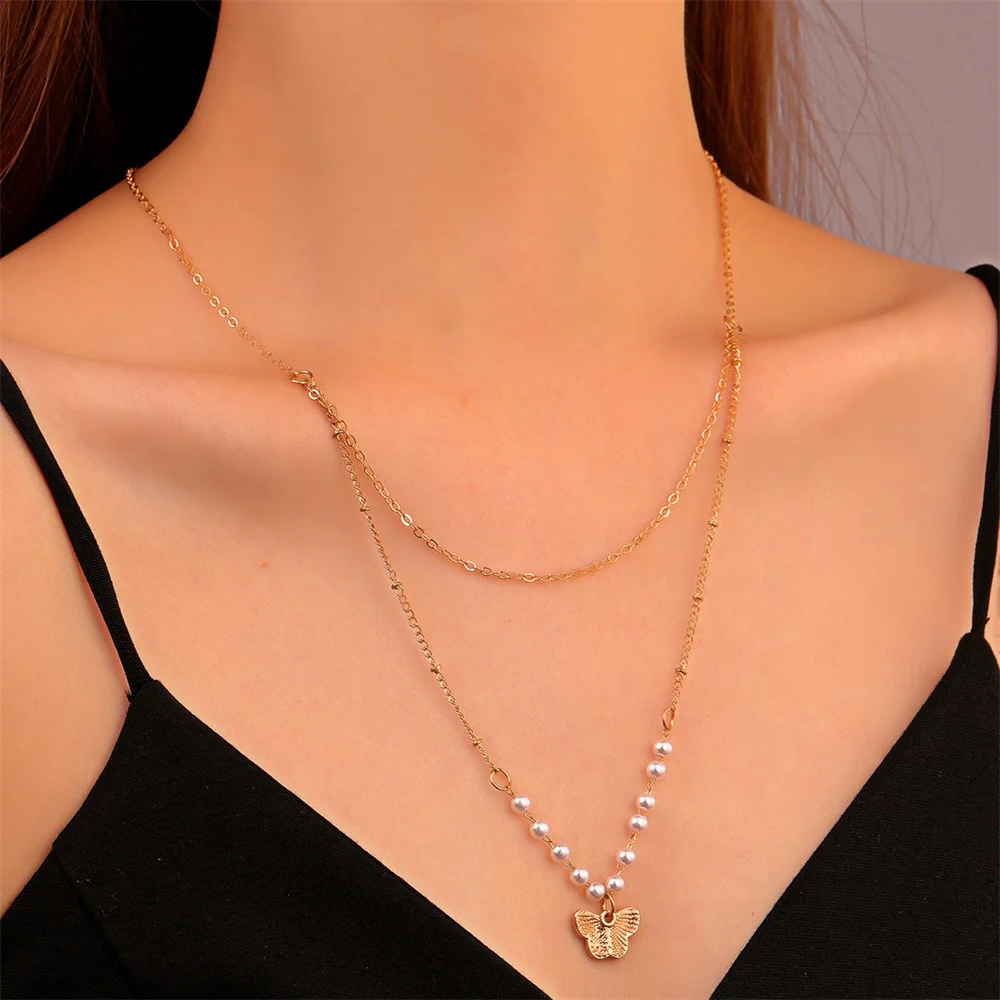 

Fashion Gold Color Thin Chain Faux Pearl Geometric Butterfly Pendant Necklace For Women Female Vintage Multilevel Simple Jewelry