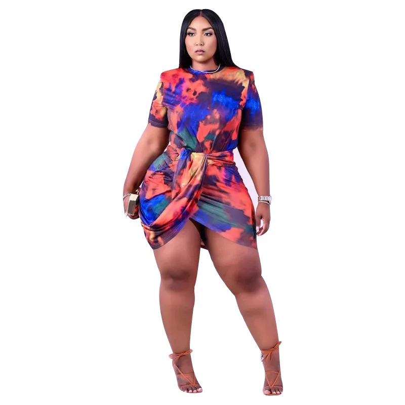 Plus Size Tie Dye Short Dress Women Ruffle Mini Cloth Female Fashion Luxury Gown 2023 Spring Women Evening Party New In Dress