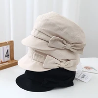 2022 japanese cottonlinen women berets springsummer leisure breathable sunshade bowknot newsboy hat artistic black painter cap