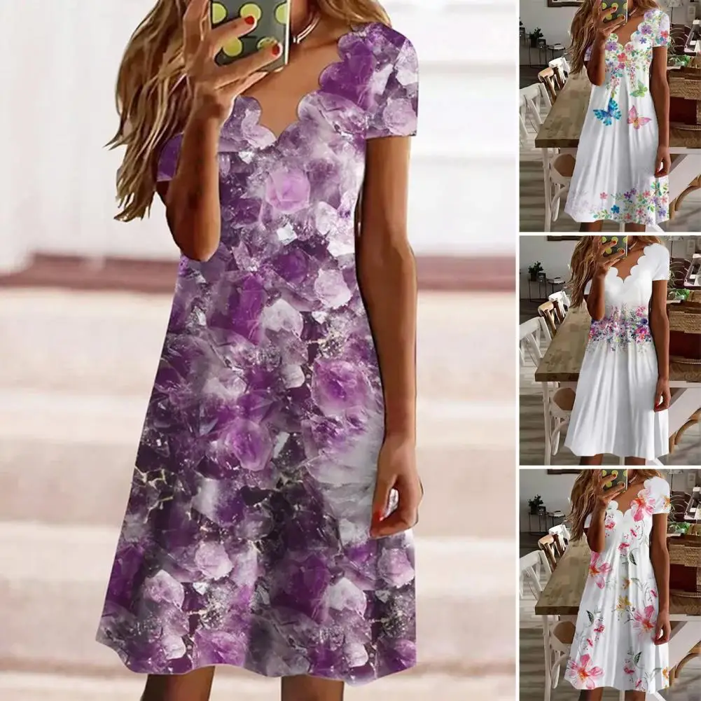 

Women Dress Pullover Fan-shape Edge Short Sleeve Deep V Neck Loose Hem Summer Pullover Big Hem Mini Dress Daily Clothes