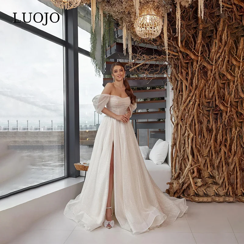 

LUOJO Off the Shoulder Strapless Split Wedding Dress Spark vestidos de novia A-line Floor-length robe de mariée Corset Back 2023