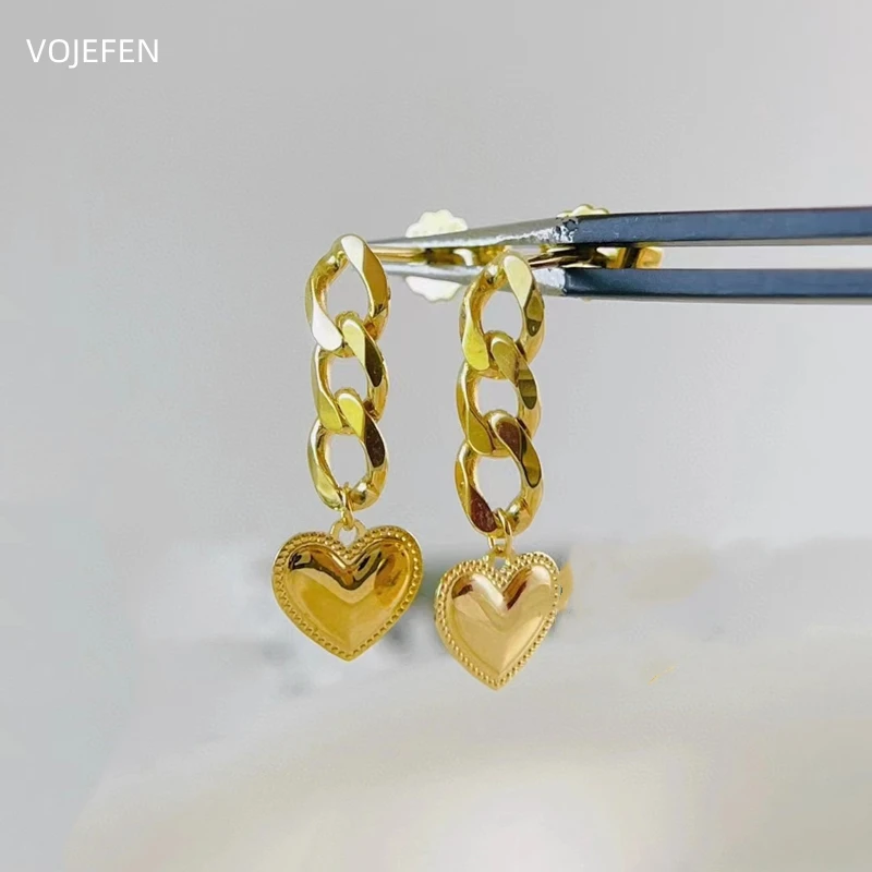 

VOJEFEN 18K Gold Earrings AU750 Drop Chains Heart Shape Luxury Designer Minimalist Eardrops Particular Woman Earing Fine Jewelry