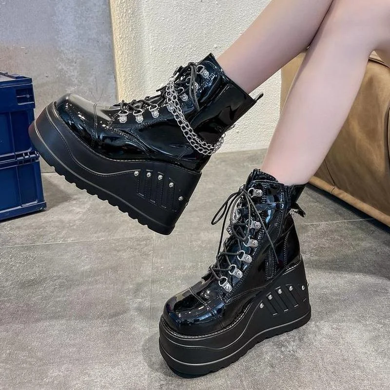 Женские туфли на танкетке черные кроссовки в готическом стиле платформе и