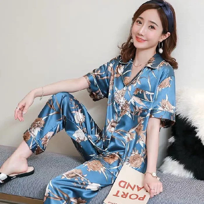 2021 Women Summer 2 Pieces Pajamas Silky Satin Floral Printing Pajamas Lady Pajamas Party Women Sleepwear Pyjamas