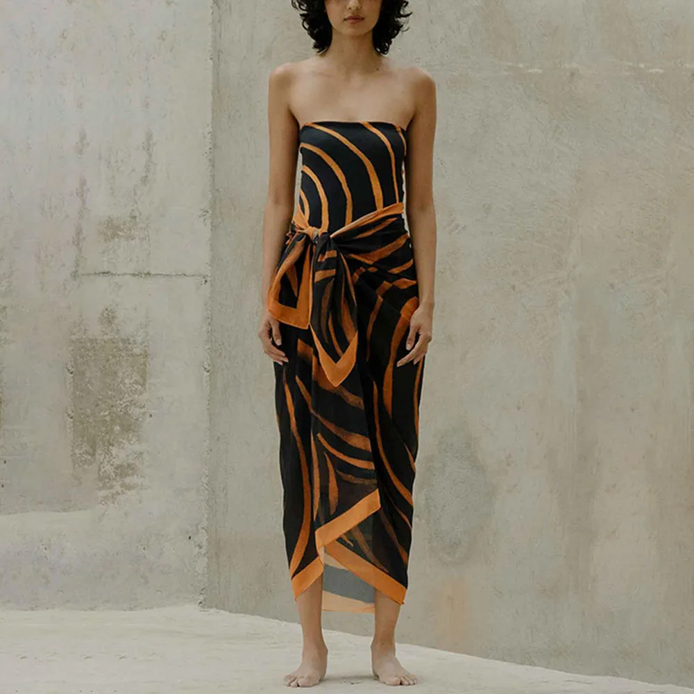

Vintage Striped Print Bikini One Piece Slim Fit Sexy Tube Top Swimsuit Strap Cover Up Elegant Beachwear Women's Fashion Swimwear