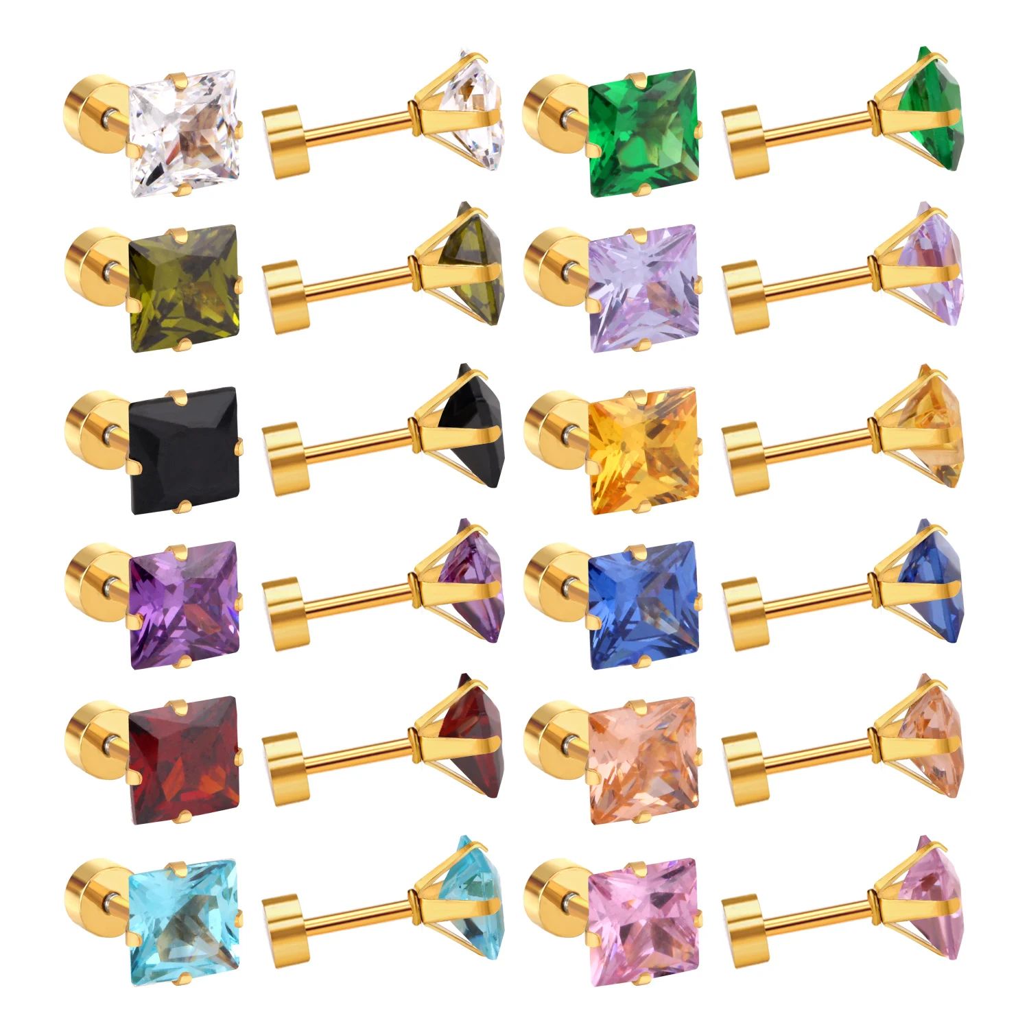 ASONSTEEL Мода 12 пар/Лот Красочные Кристаллы квадратные серьги-гвоздики винт обратно