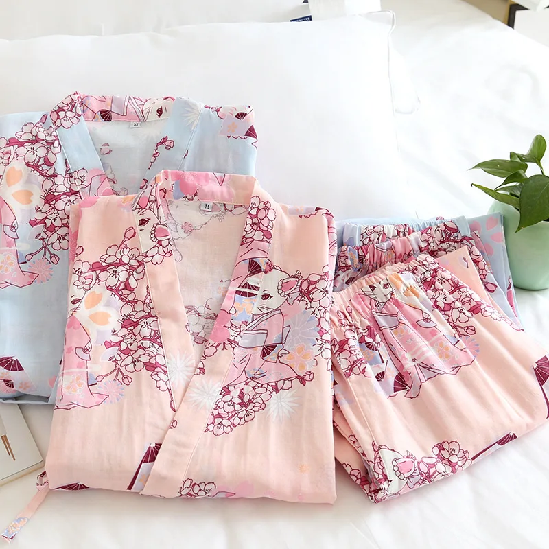 Cotton Double-layer Gauze Home Women's Sleepwear and Autumn Thin Three-quarter-sleeved Trousers  Sweat-steaming Two-piece Suit