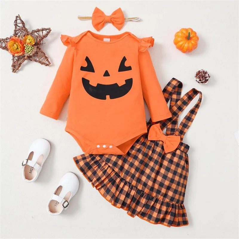 

2023 Cross Border Spring And Autumn New Halloween Pumpkin Romper Set For Girls With Long Sleeves And Strap Short Skirt